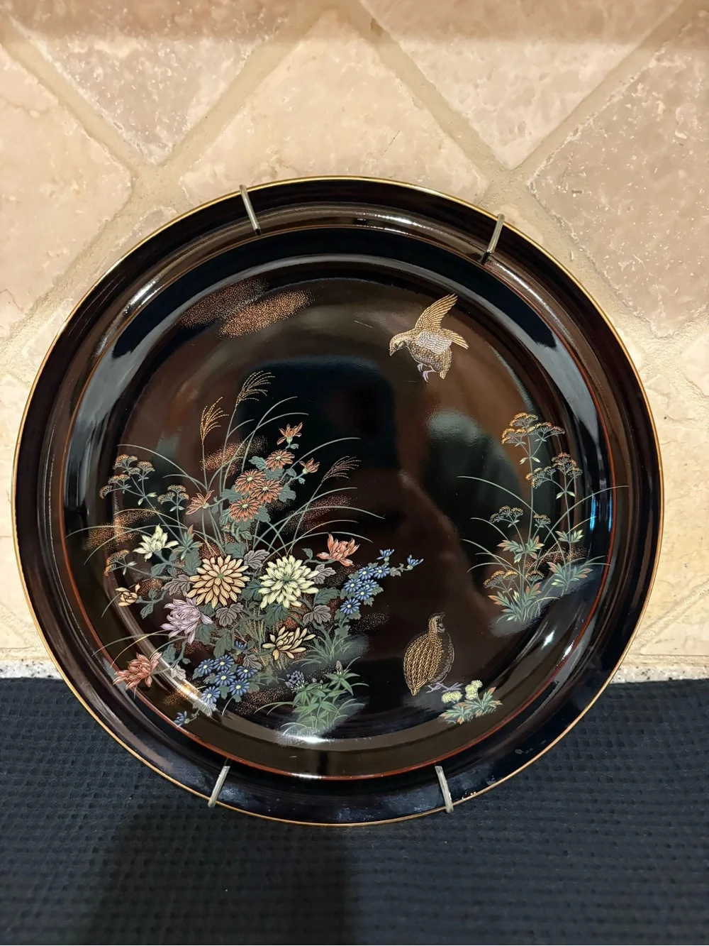Vintage Yamaji Japan Black Floral Design Birds Porcelain Plate